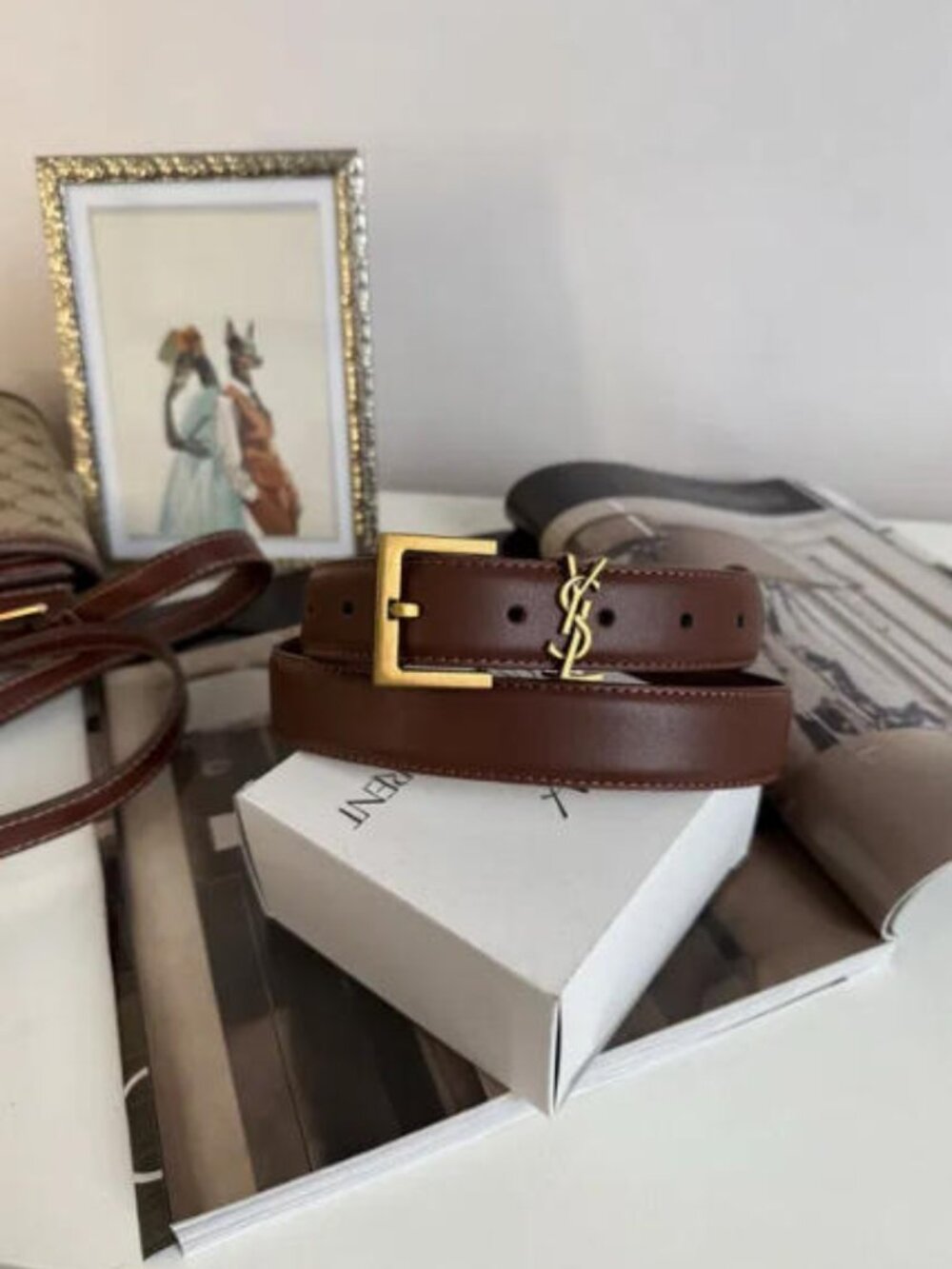 Saint Laurent Brown Belt 3cm 95cm - Gold YSL, New with Box
